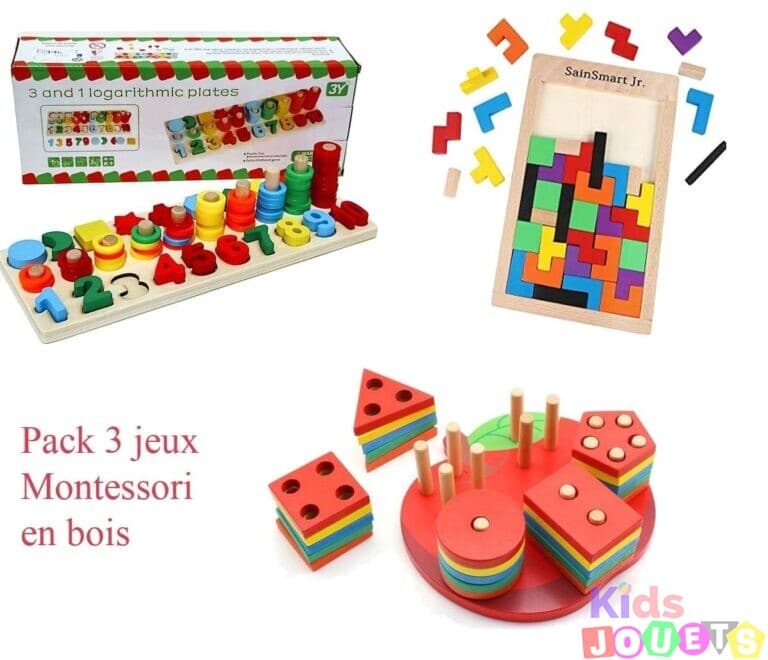Ensemble 3 jeux en bois Montessori : Mathématiques, motricité, logique