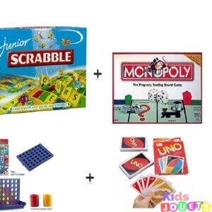 Ensemble 4 jeux de famille : Monopoly, Scrabble Junior, Bingo et cartes UNO
