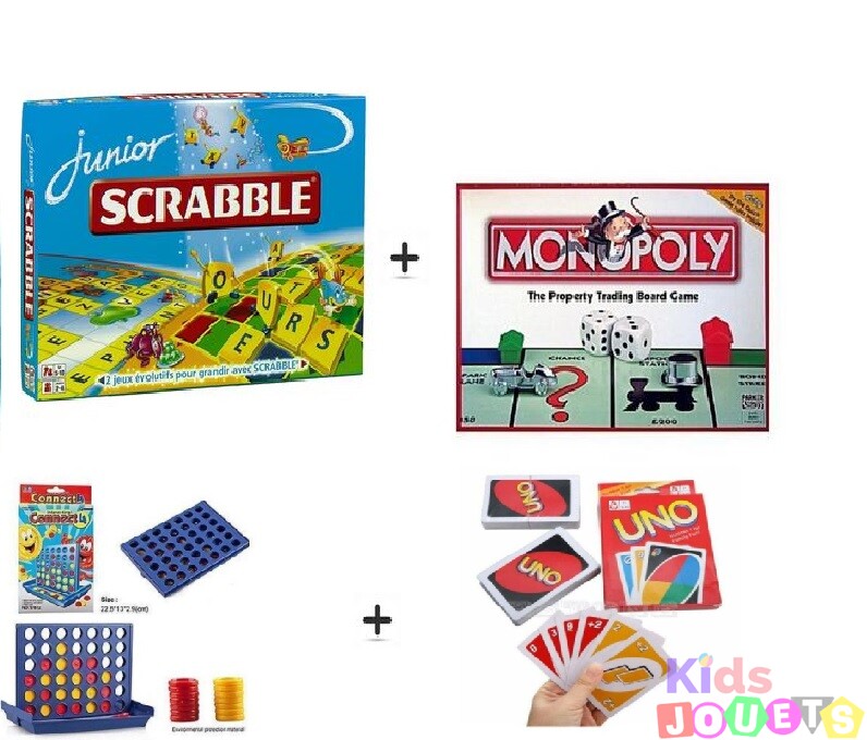 Ensemble 4 jeux de famille : Monopoly, Scrabble Junior, Bingo et cartes UNO  