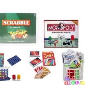 Ensemble 5 jeux de société : Monopoly Français, Scrabble Classic, Bingo, Cube magique et cartes UNO