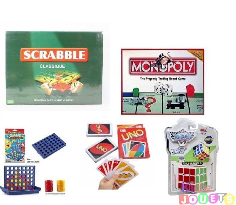 Ensemble 5 jeux de société : Monopoly Français, Scrabble Classic, Bingo, Cube magique et cartes UNO